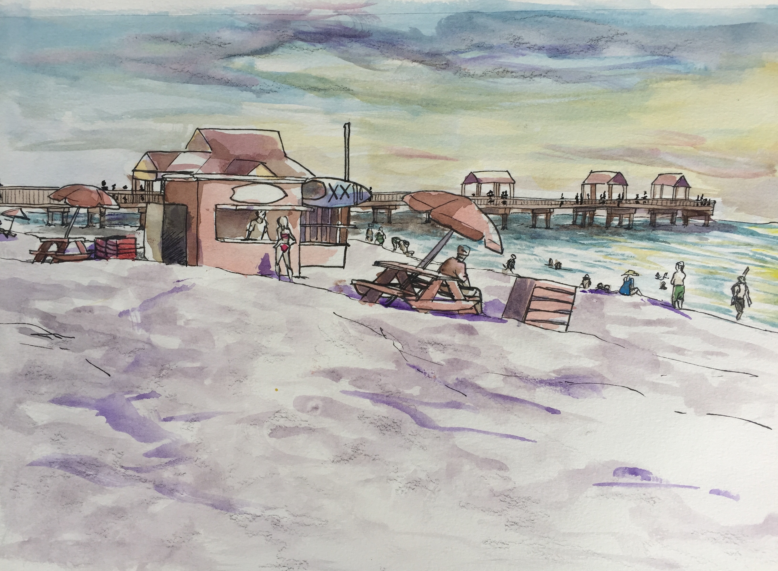 Urban sketch drawing Clearwater Beach at sunset