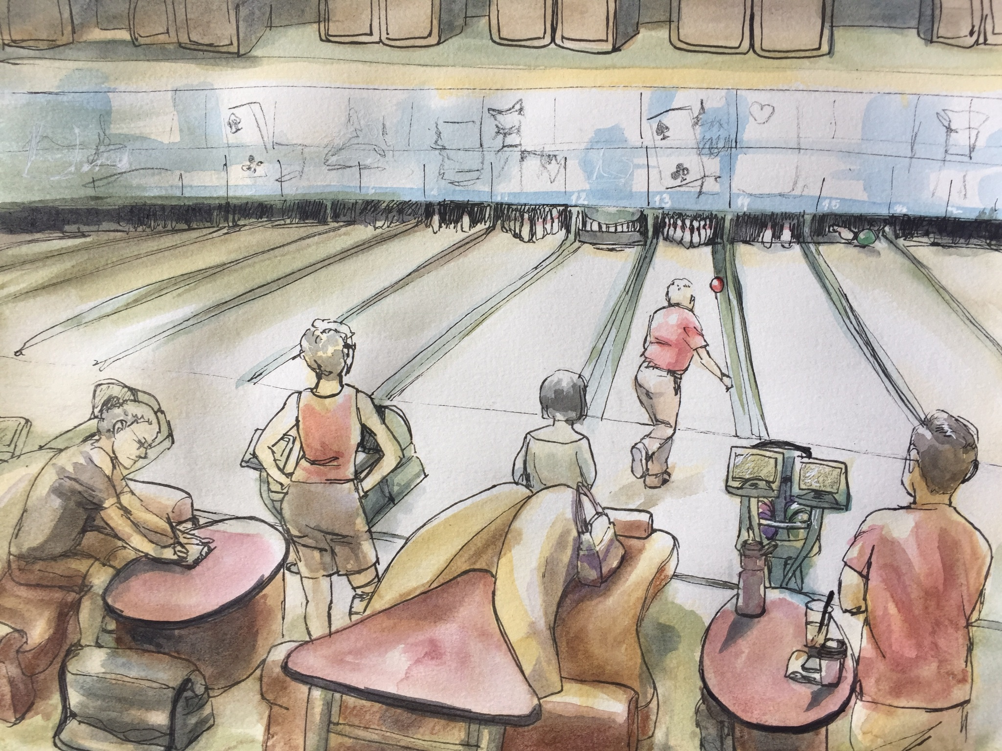 urban sketch bowling alley pins gutterball gutter